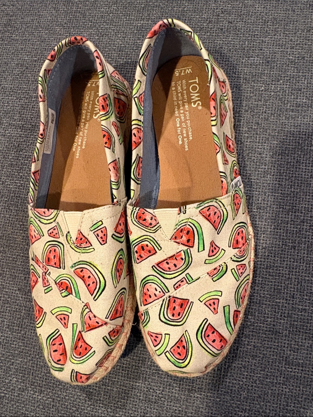 TOMS Cream Canvas Slip-Ons with Pink & Green Watermelon Print